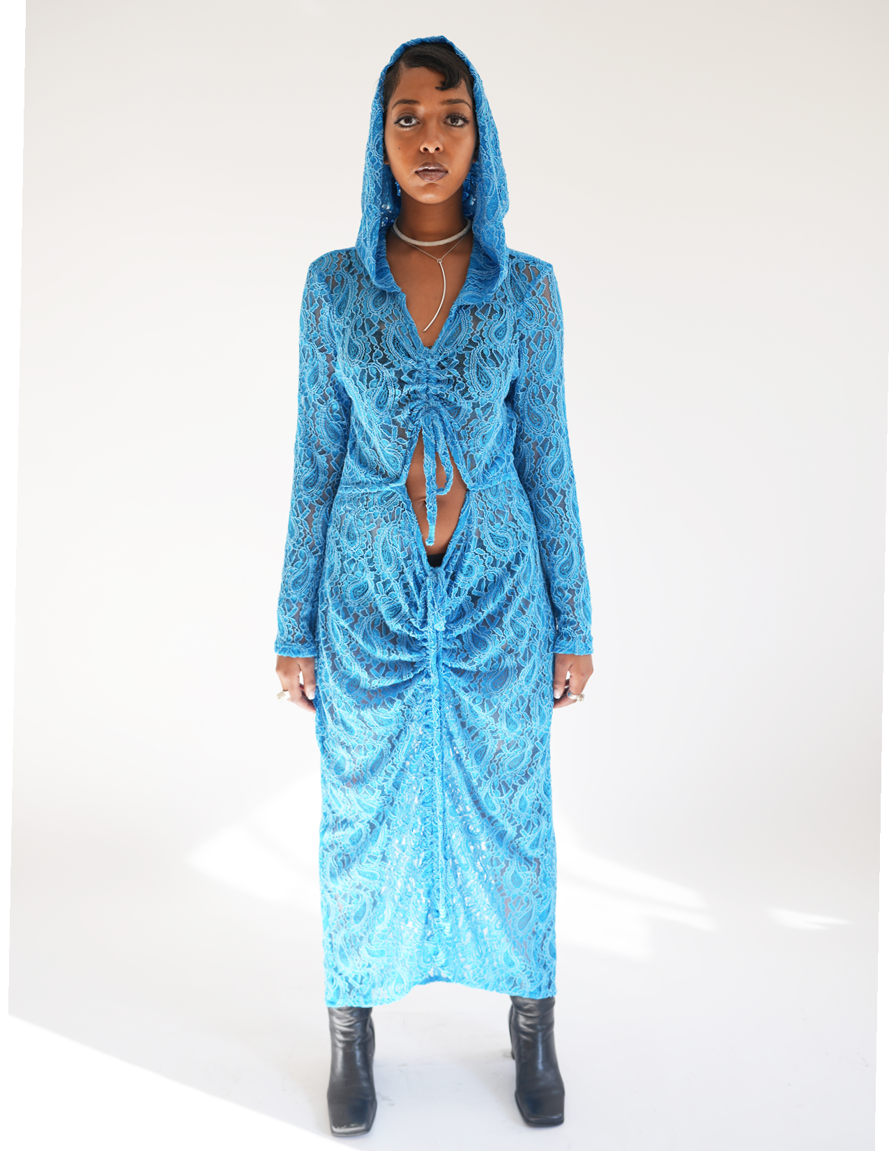 Fola Stretch Blue Lace Hooded Dress