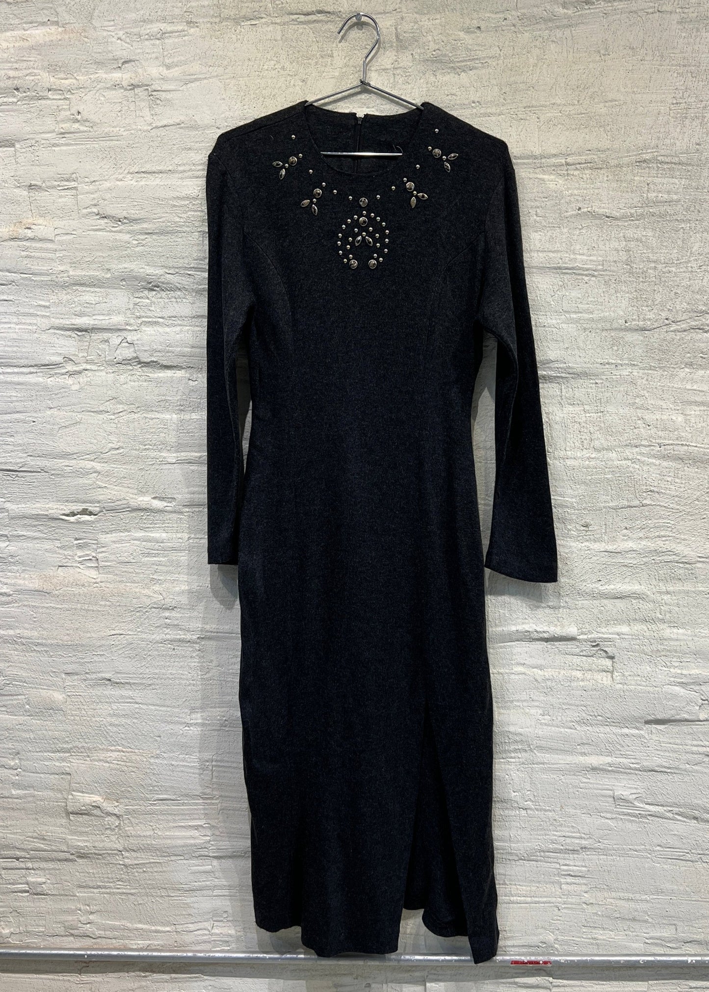 Dark Gray Dress w/ beaded pattern - Vintage/ Used