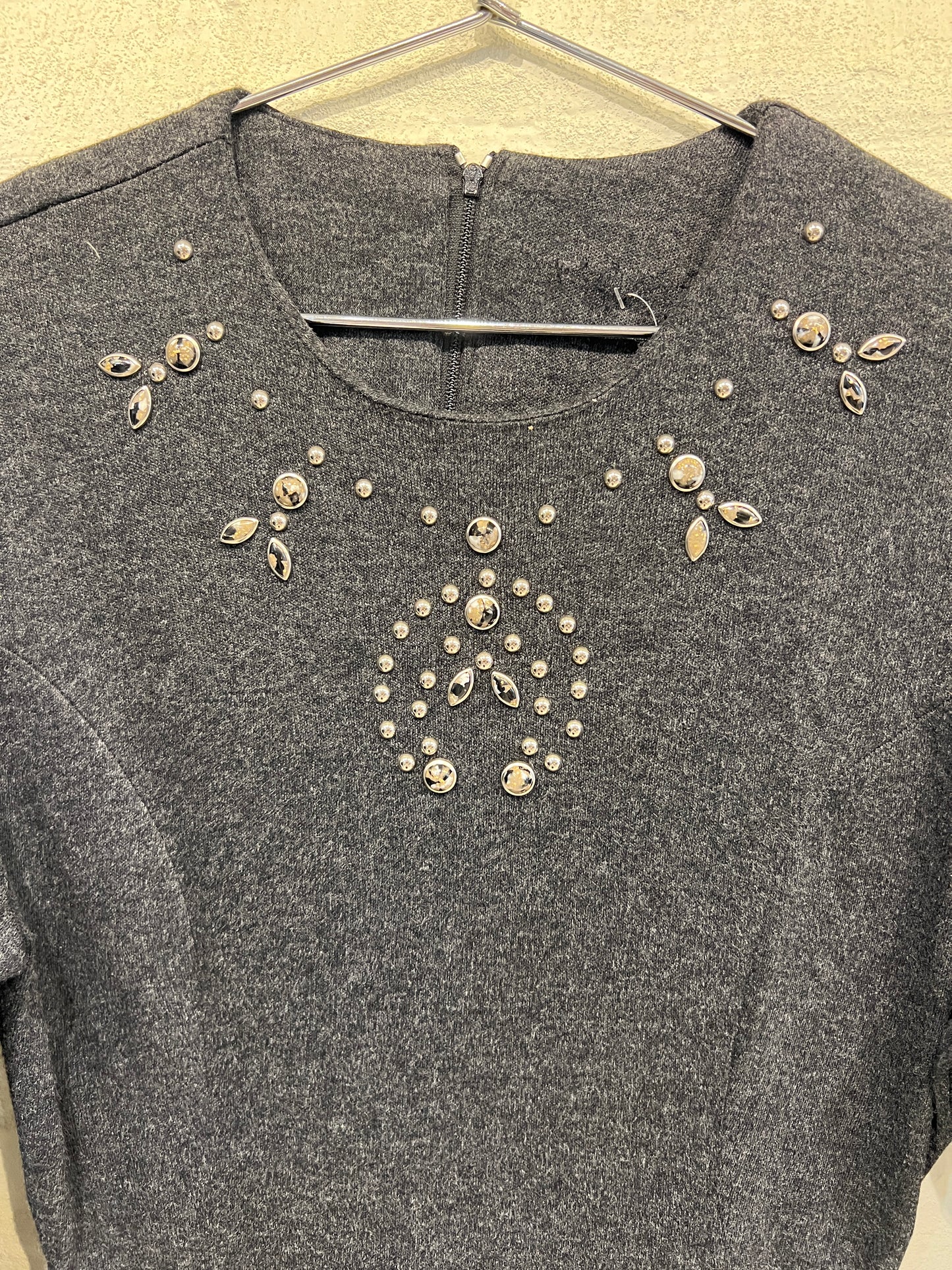 Dark Gray Dress w/ beaded pattern - Vintage/ Used