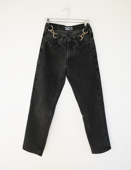 30w Washed Black Denim/ Gold O-Ring Hoochie Daddie Jeans