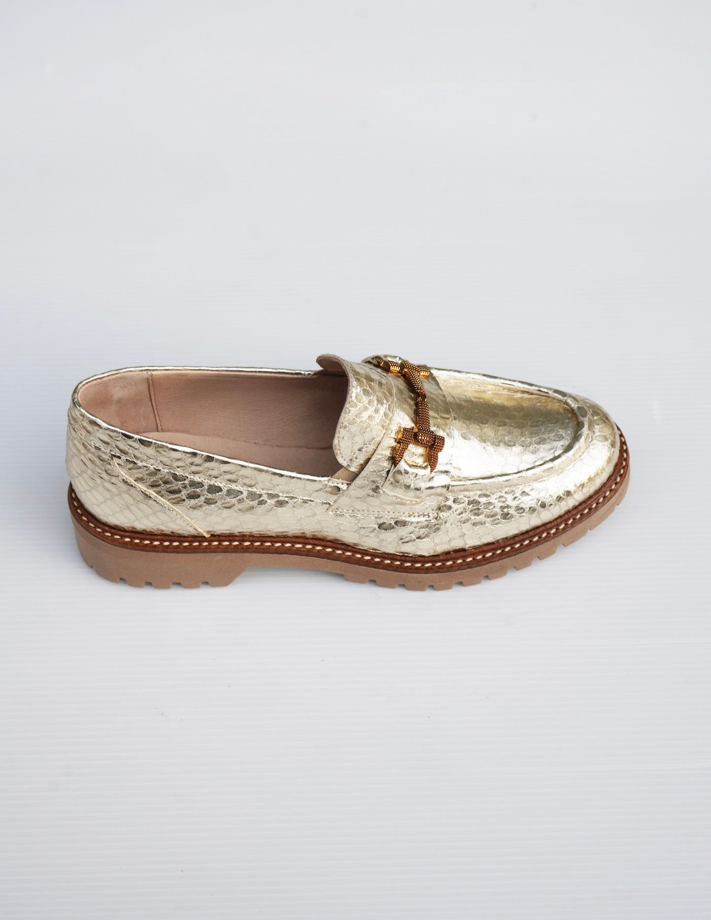 Textured Metallic Leather Loafers - Gold