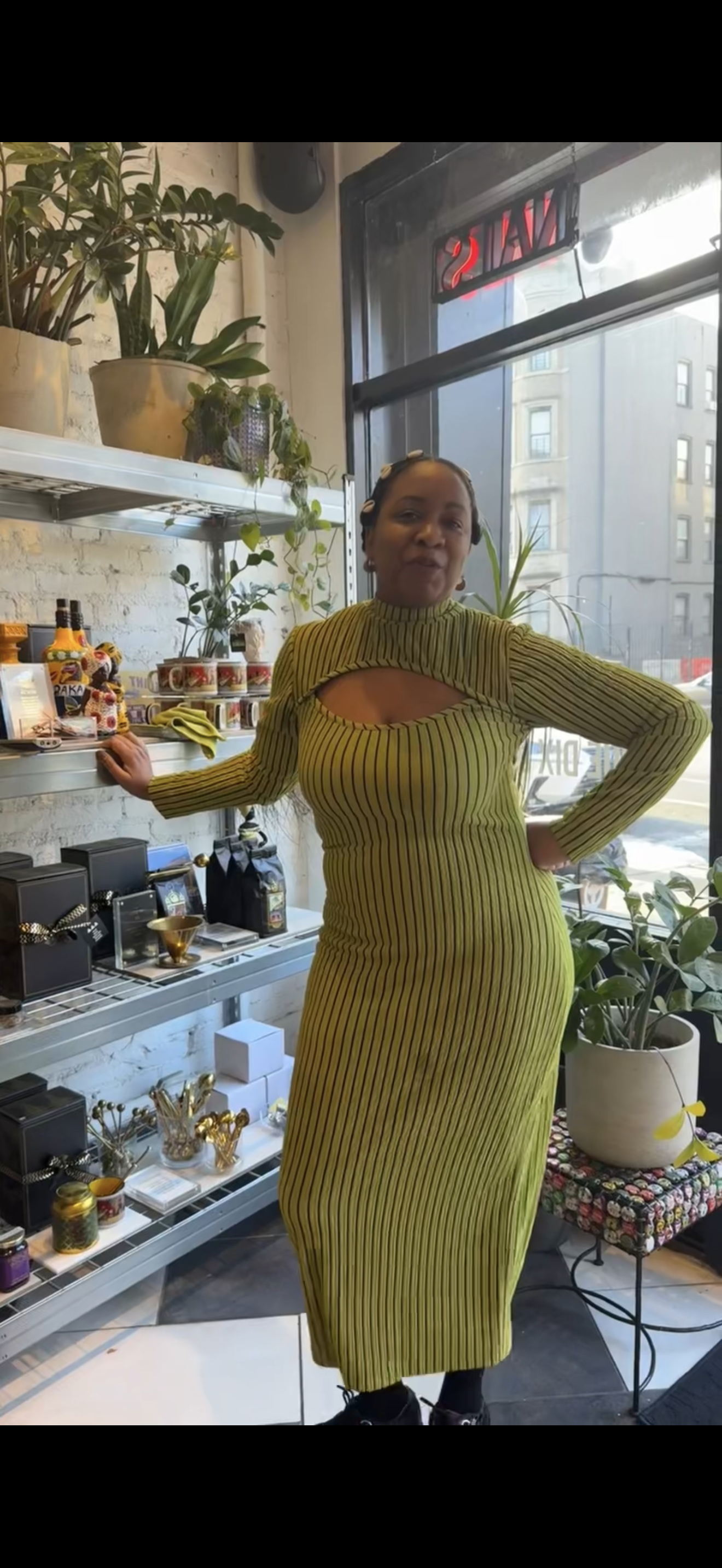 Nyeema Ribbed Stretch Dress - Green Motif