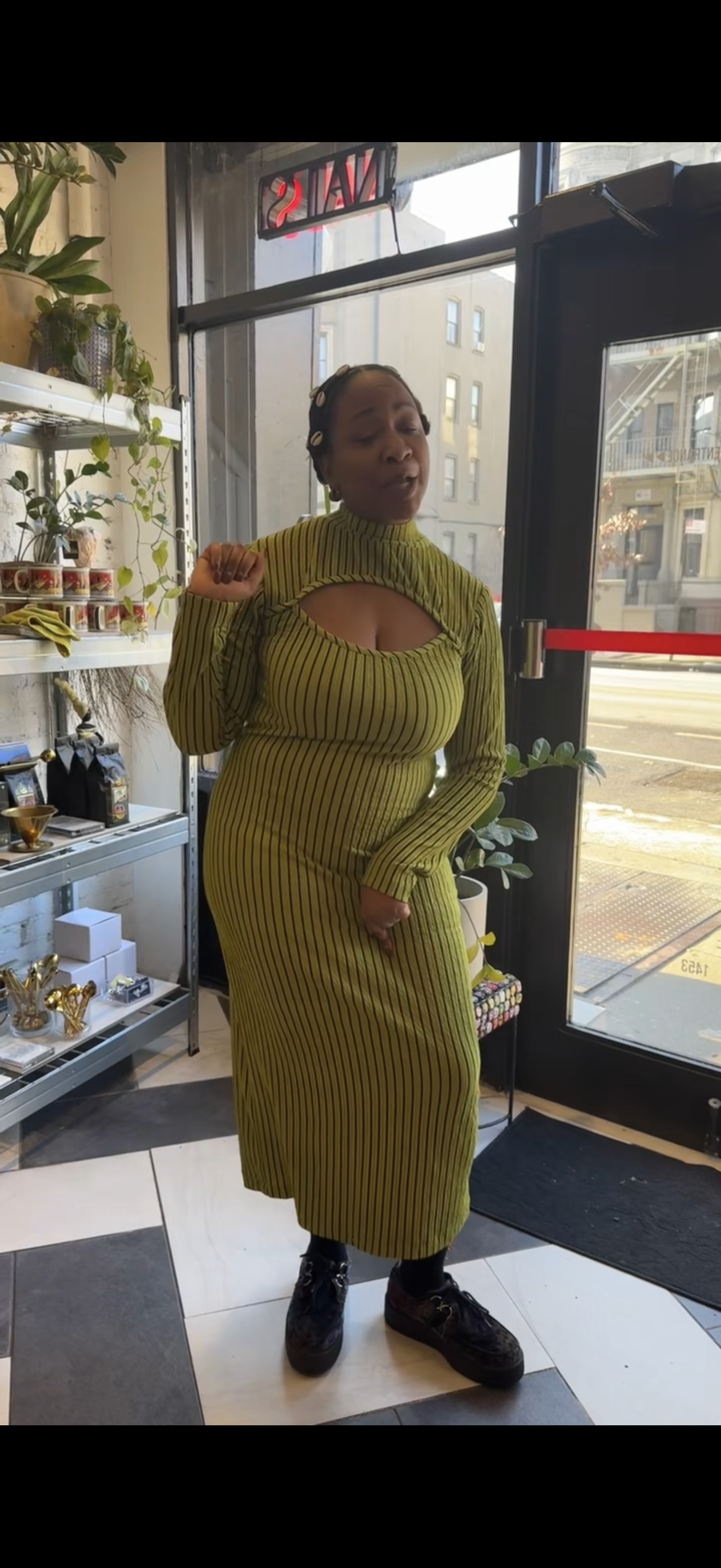 Nyeema Ribbed Stretch Dress - Green Motif