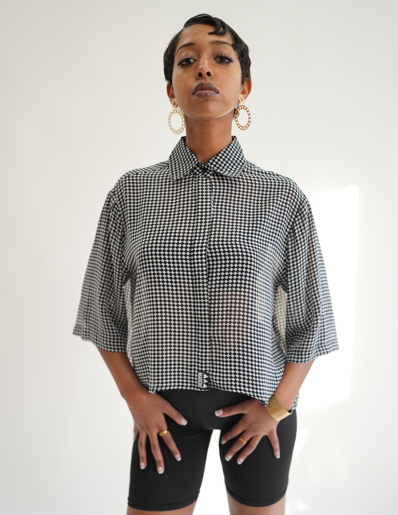 Issa Hi-Low Checkered Swing Cropped Shirt