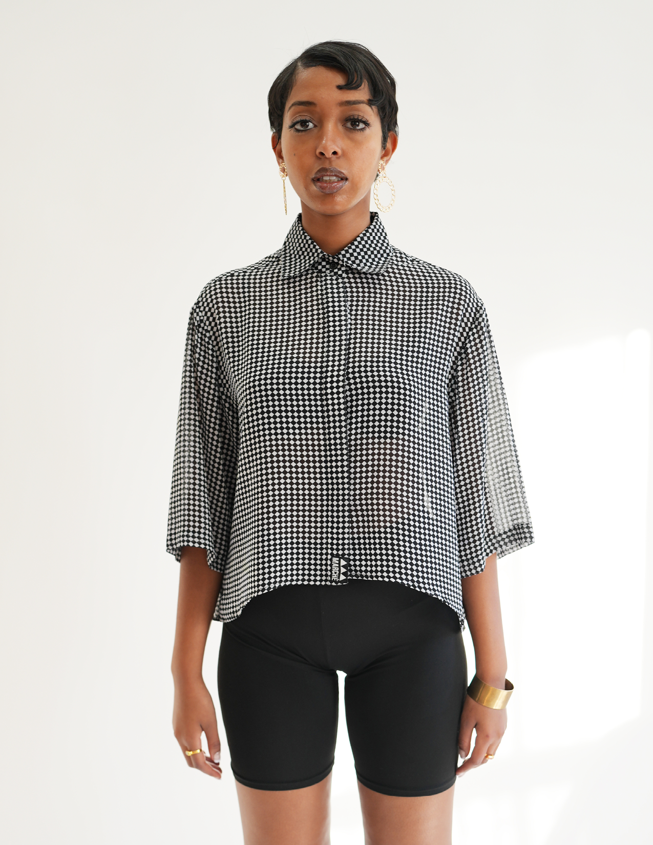 Issa Hi-Low Checkered Swing Cropped Shirt
