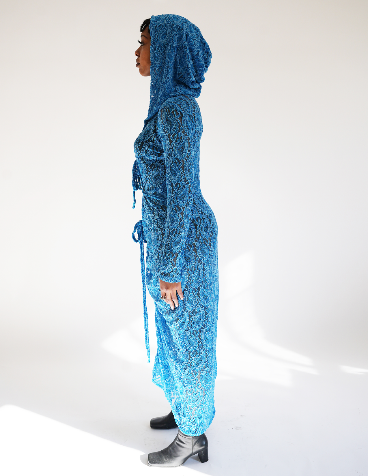 Fola Stretch Blue Lace Hooded Dress