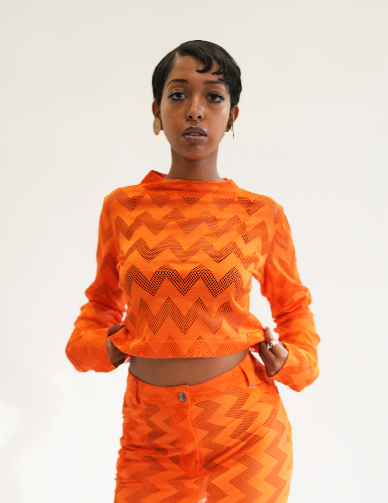 Bedford Netted Chevron Mock Neck Top - Orange