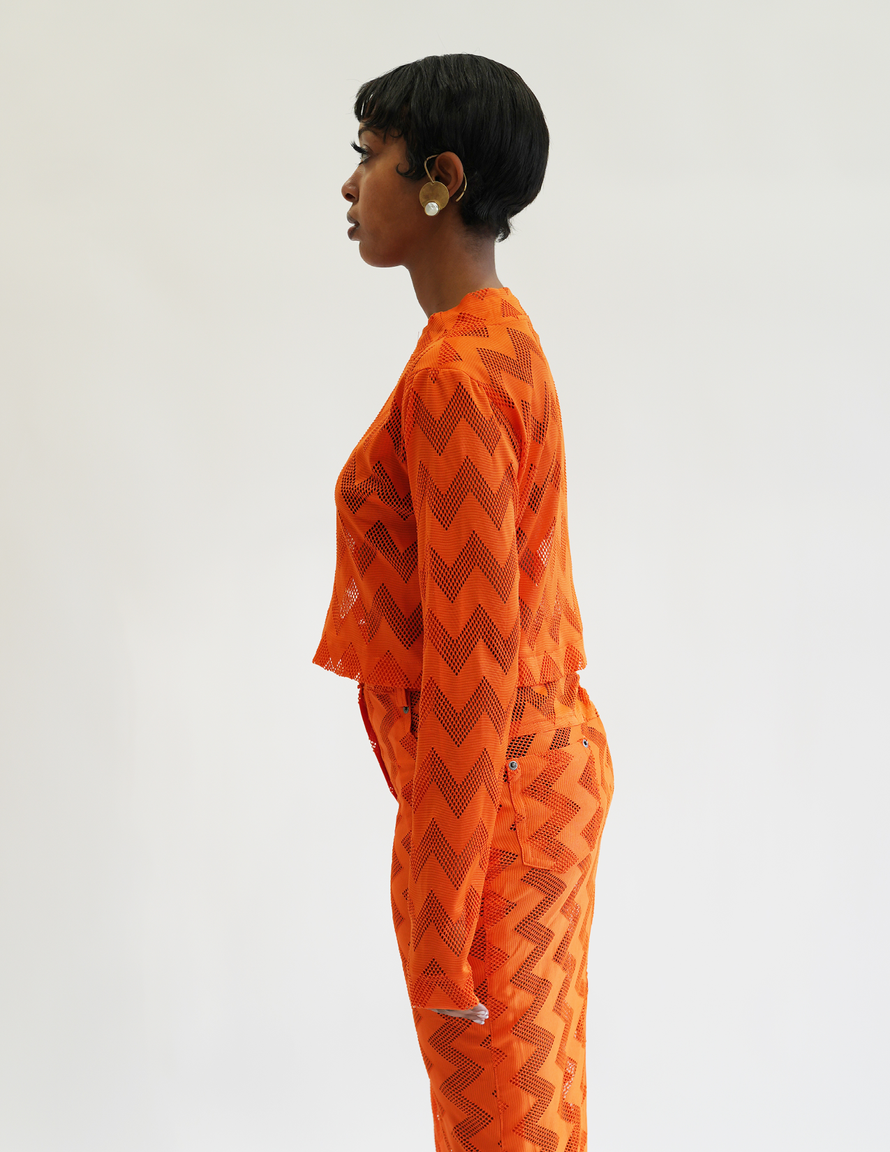 Bedford Netted Chevron Mock Neck Top - Orange