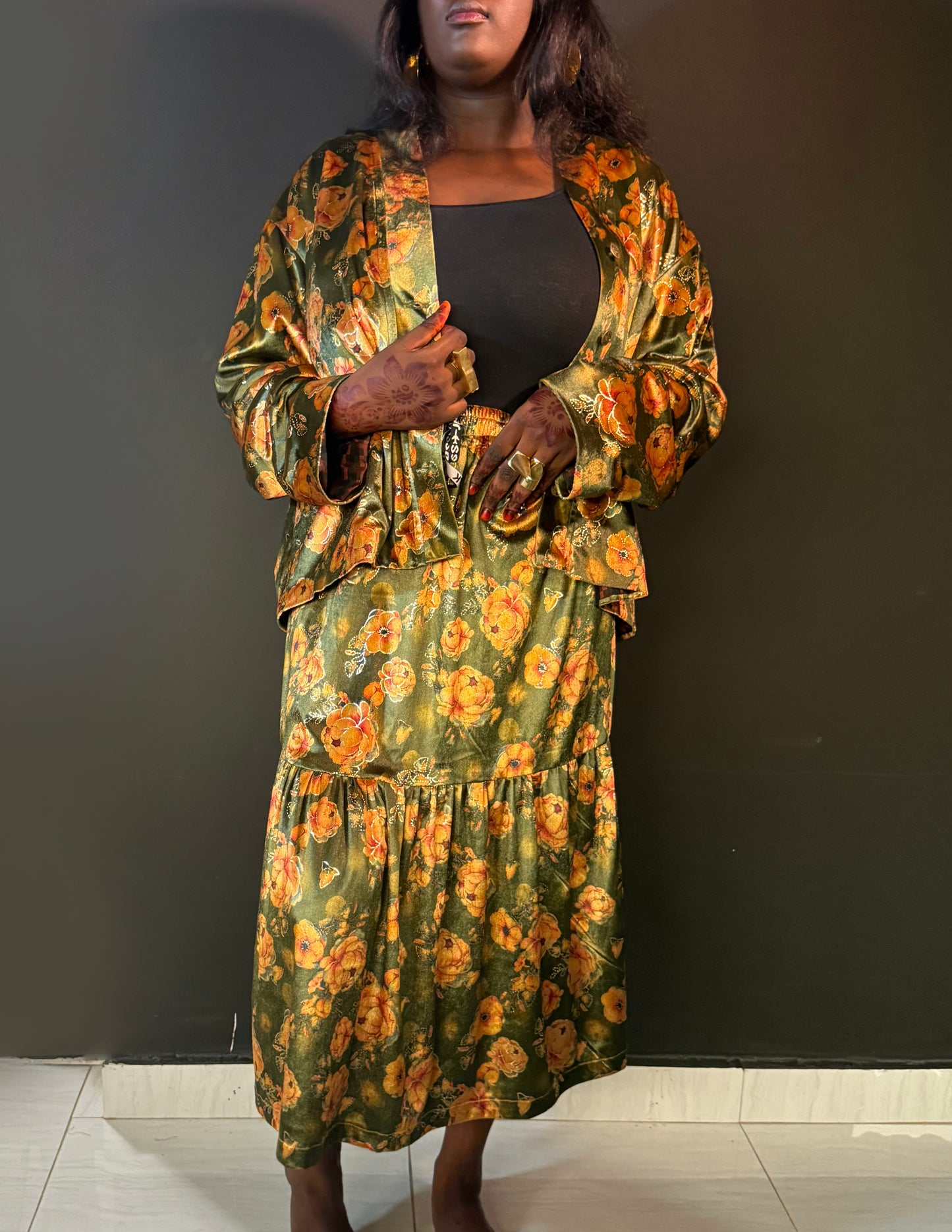 Molé Velour Tiered Skirt - Floral Motif