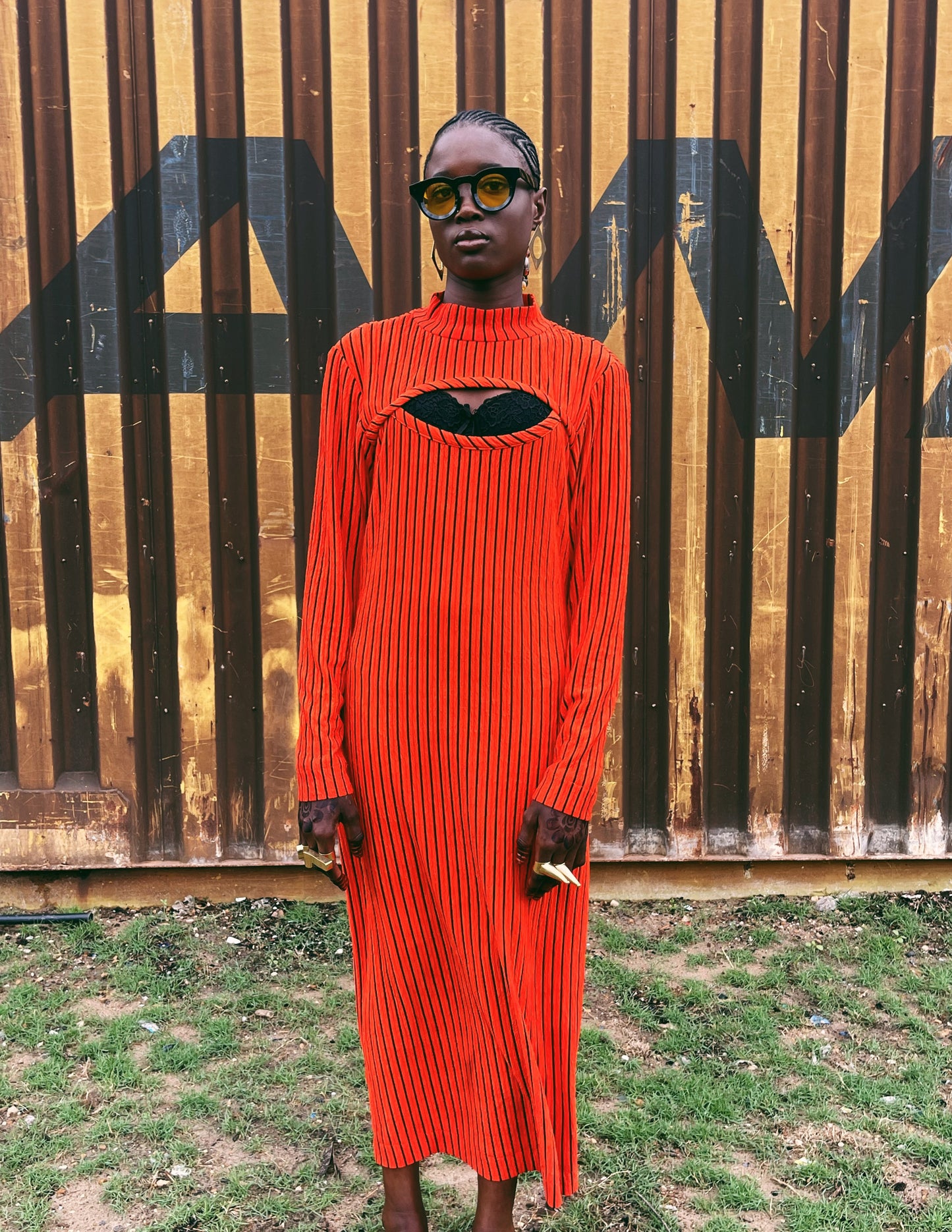 Nyeema Ribbed Stretch Dress - Orange Motif