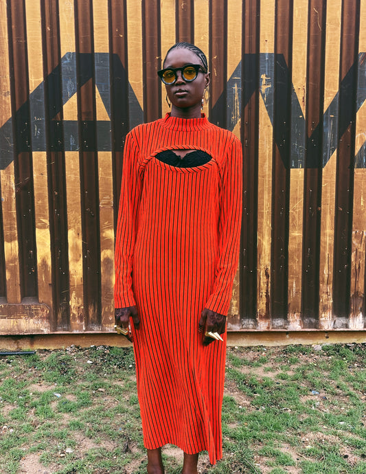 Nyeema Ribbed Stretch Dress - Orange Motif