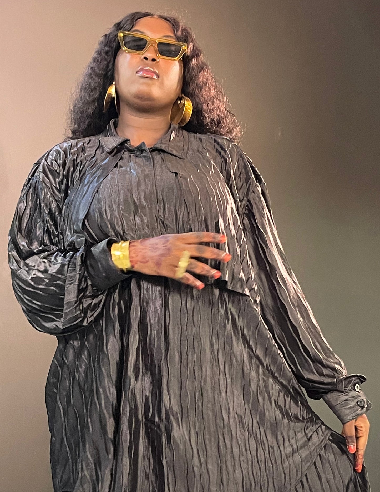 Bijoux Crinkle Satin Shirt Dress