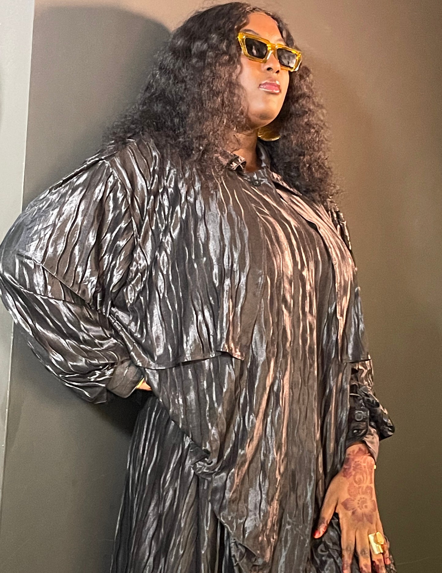 Bijoux Crinkle Satin Shirt Dress