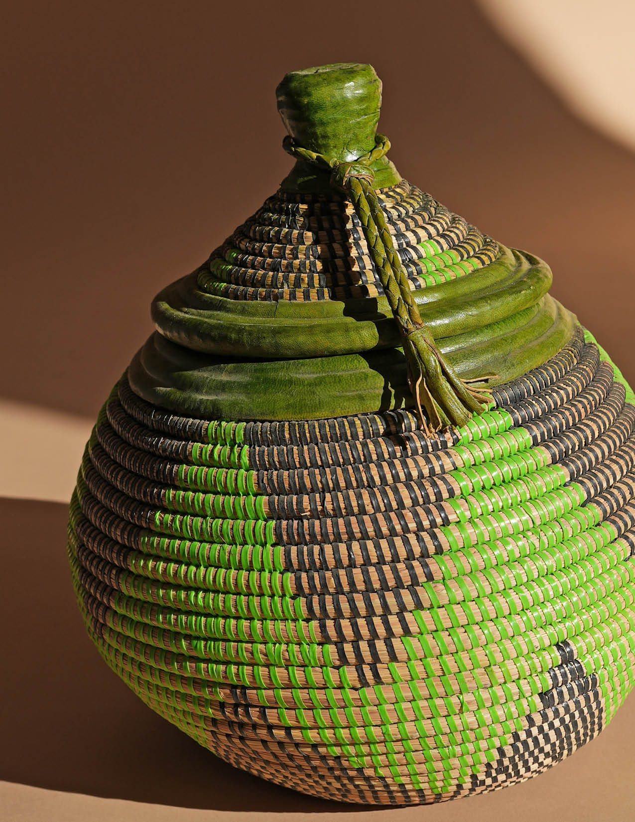 Lucia Green Bulb Shaped Woven + Leather Basket