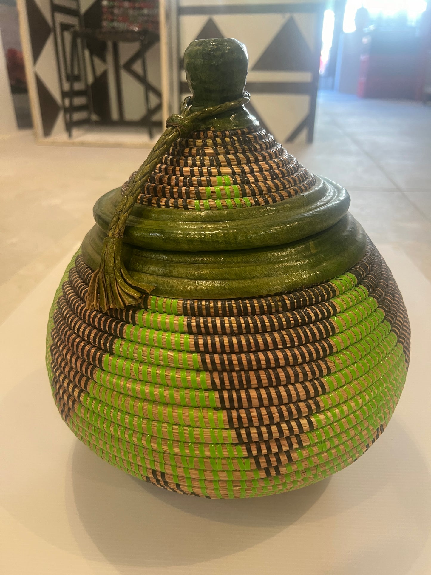 Lucia Green Bulb Shaped Woven + Leather Basket