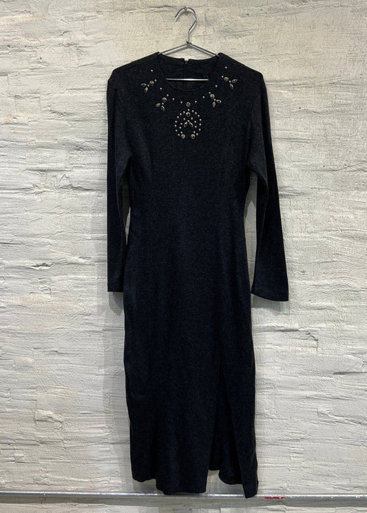 Dark Gray Dress w/ beaded pattern - Vintage/ Used