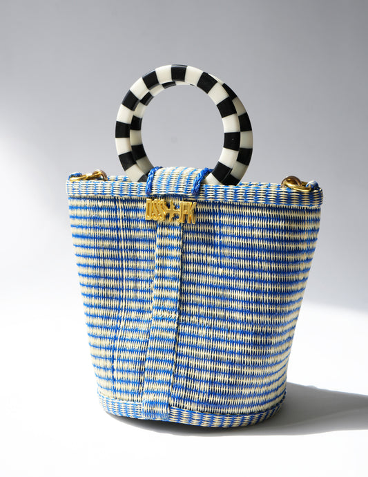 The Village Bucket Bag - Blue and white