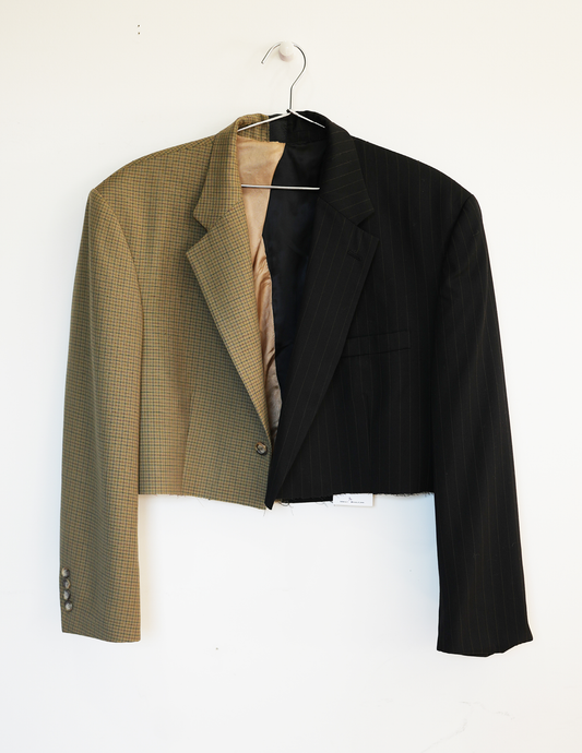 XL Brown Checkered & Black Pinstripe Cropped Blazer