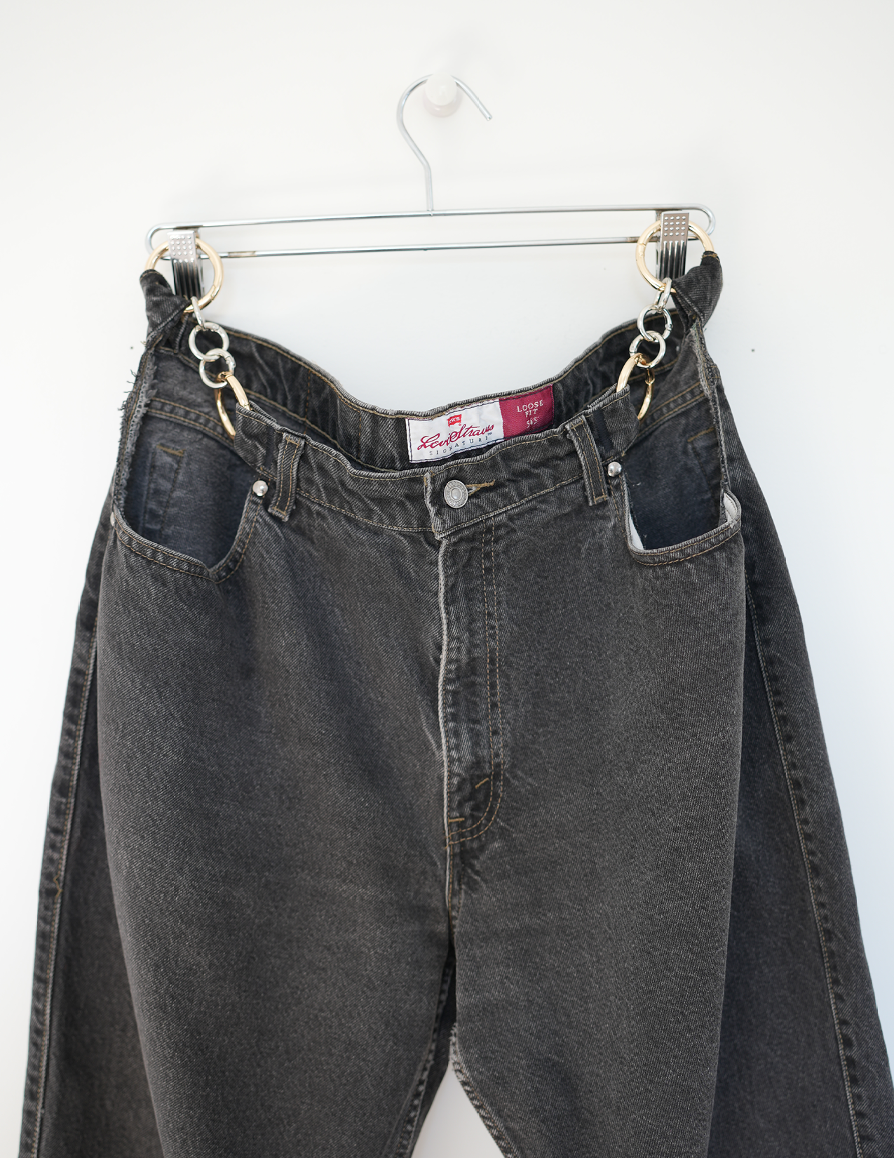 38w Washed Black Denim/Gold/Silver O-Ring Hoochie Daddie Jeans