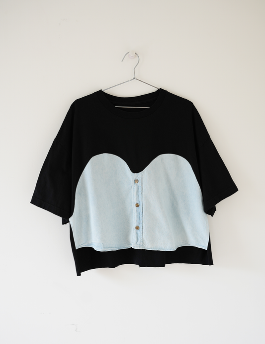 XXL Sweetheart Knit/Woven Black & Blue Cropped Tee