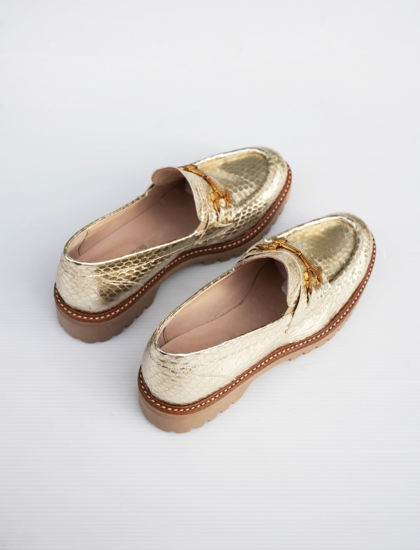 Textured Metallic Leather Loafers - Gold