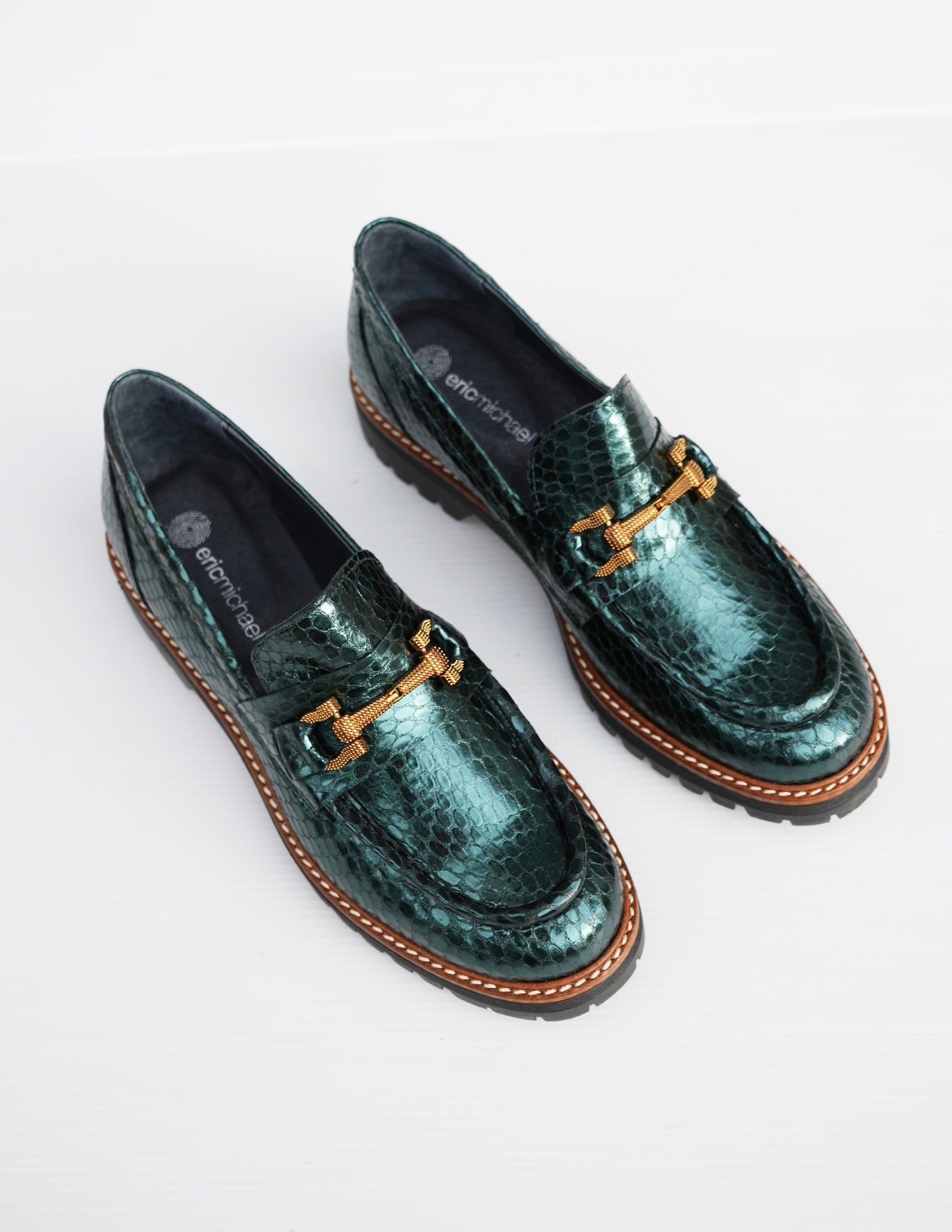 Textured Metallic Leather Loafers - Green