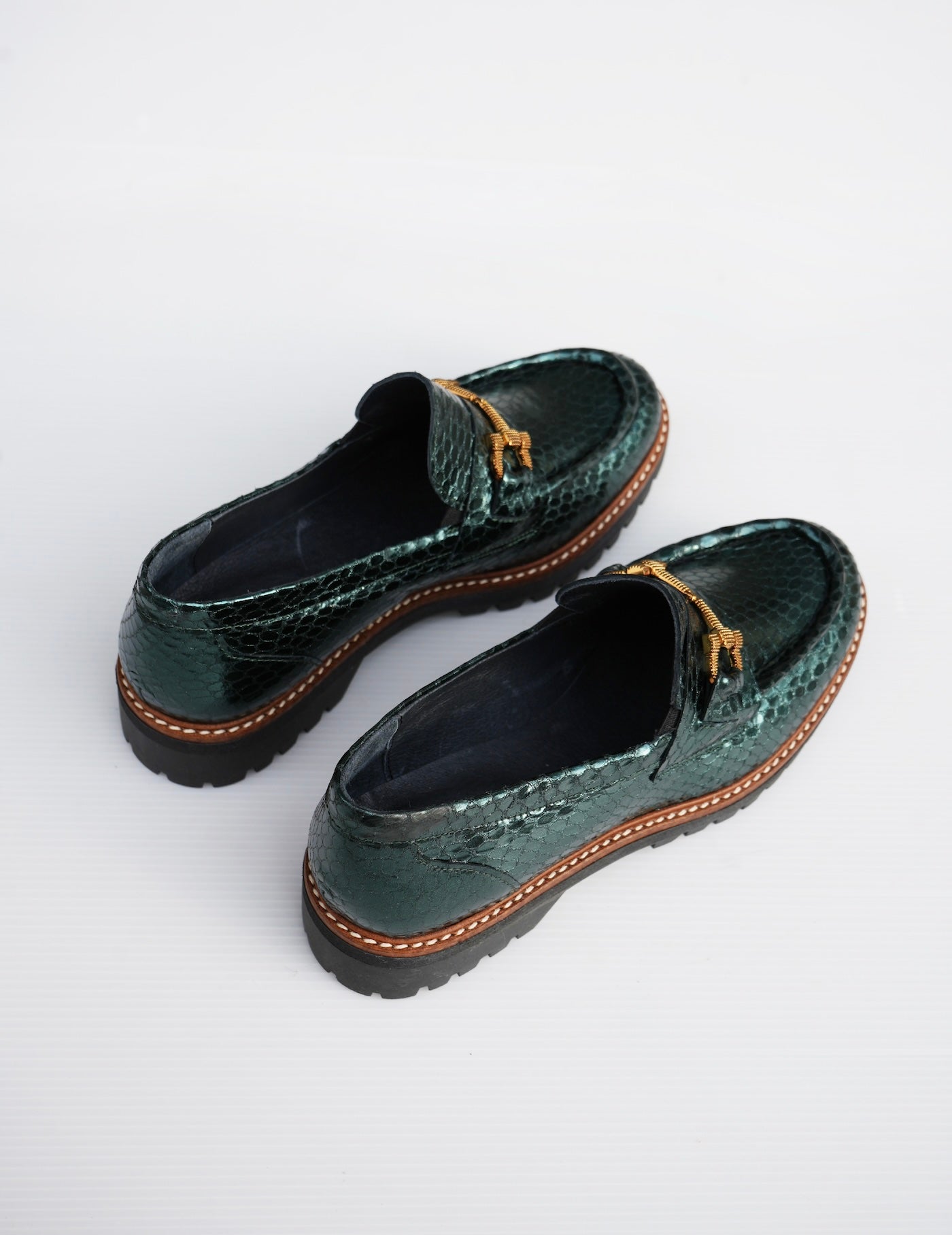 Textured Metallic Leather Loafers - Green