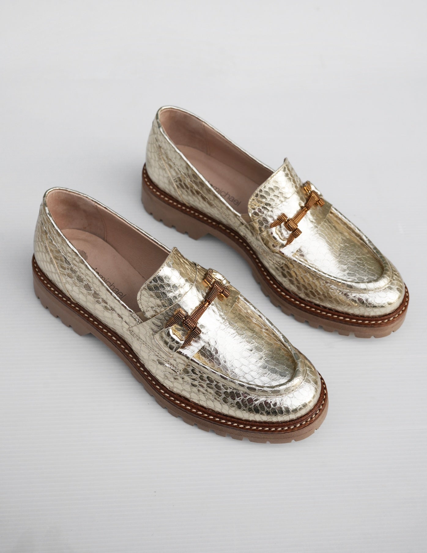 Textured Metallic Leather Loafers - Gold