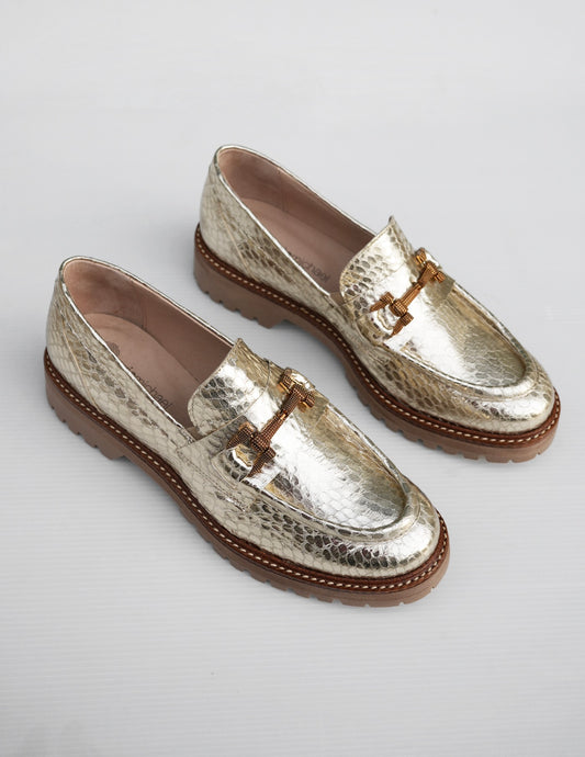 Textured Metallic Leather Loafers - Gold