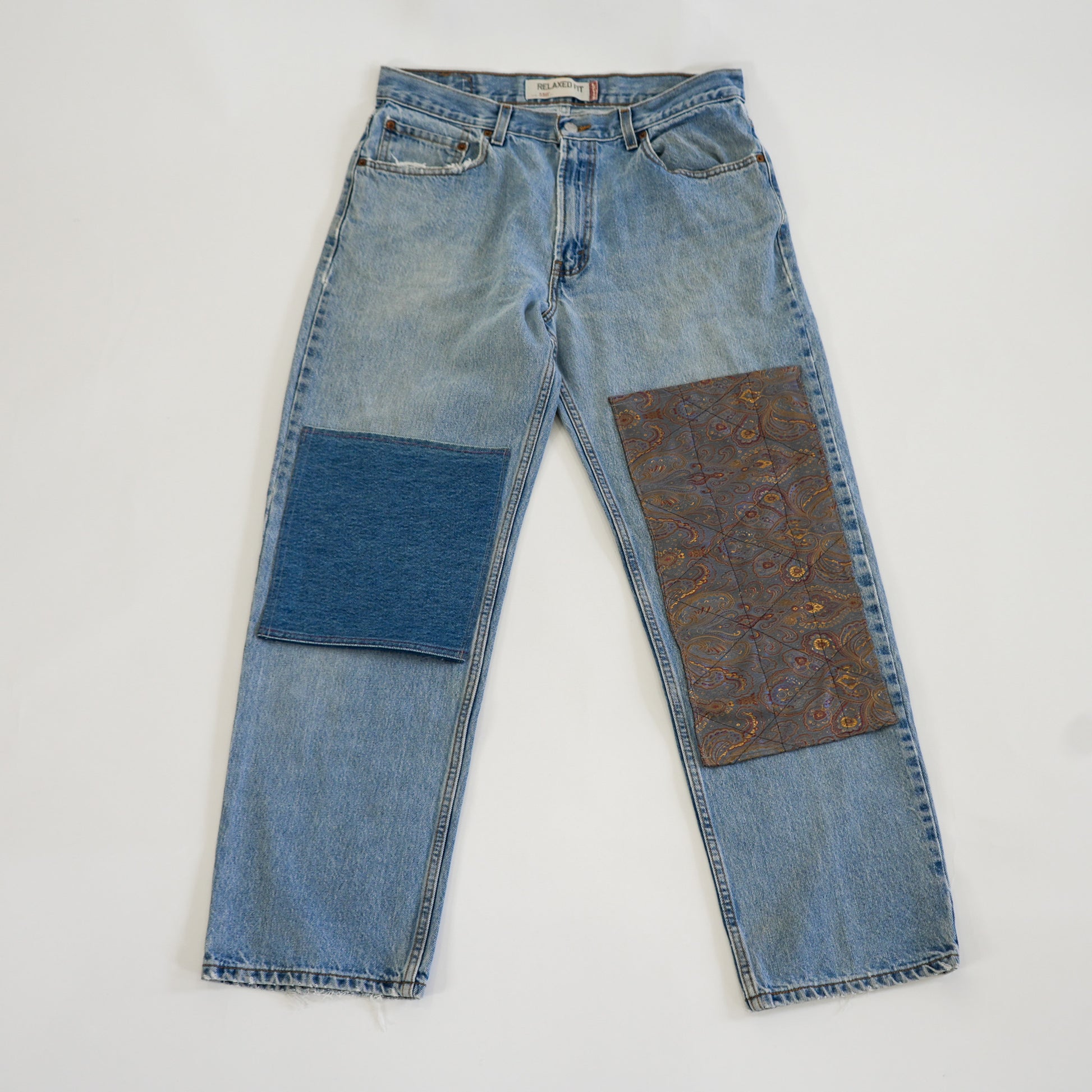 Upcycled patchwork wide leg jeans- regular blue or BLACK denim – Heke design