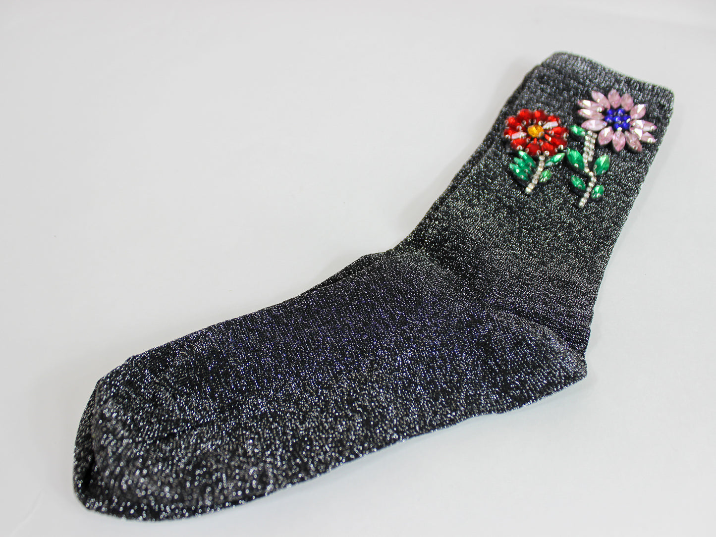 Flower Crystal Metallic Knit Socks